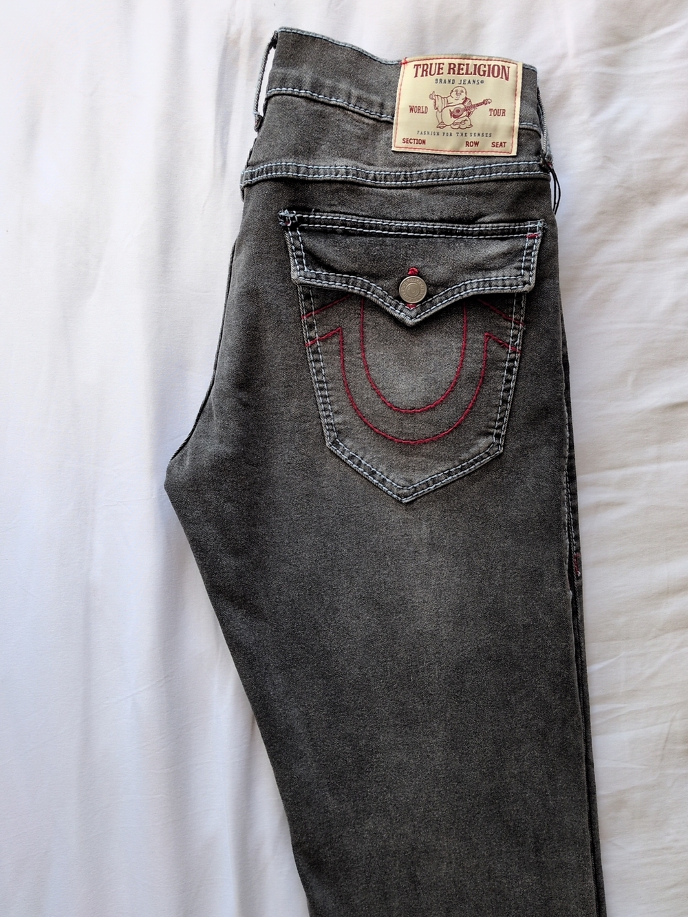 True Religion Men’s Charcoal Slim Straight Jeans with Red Stitching